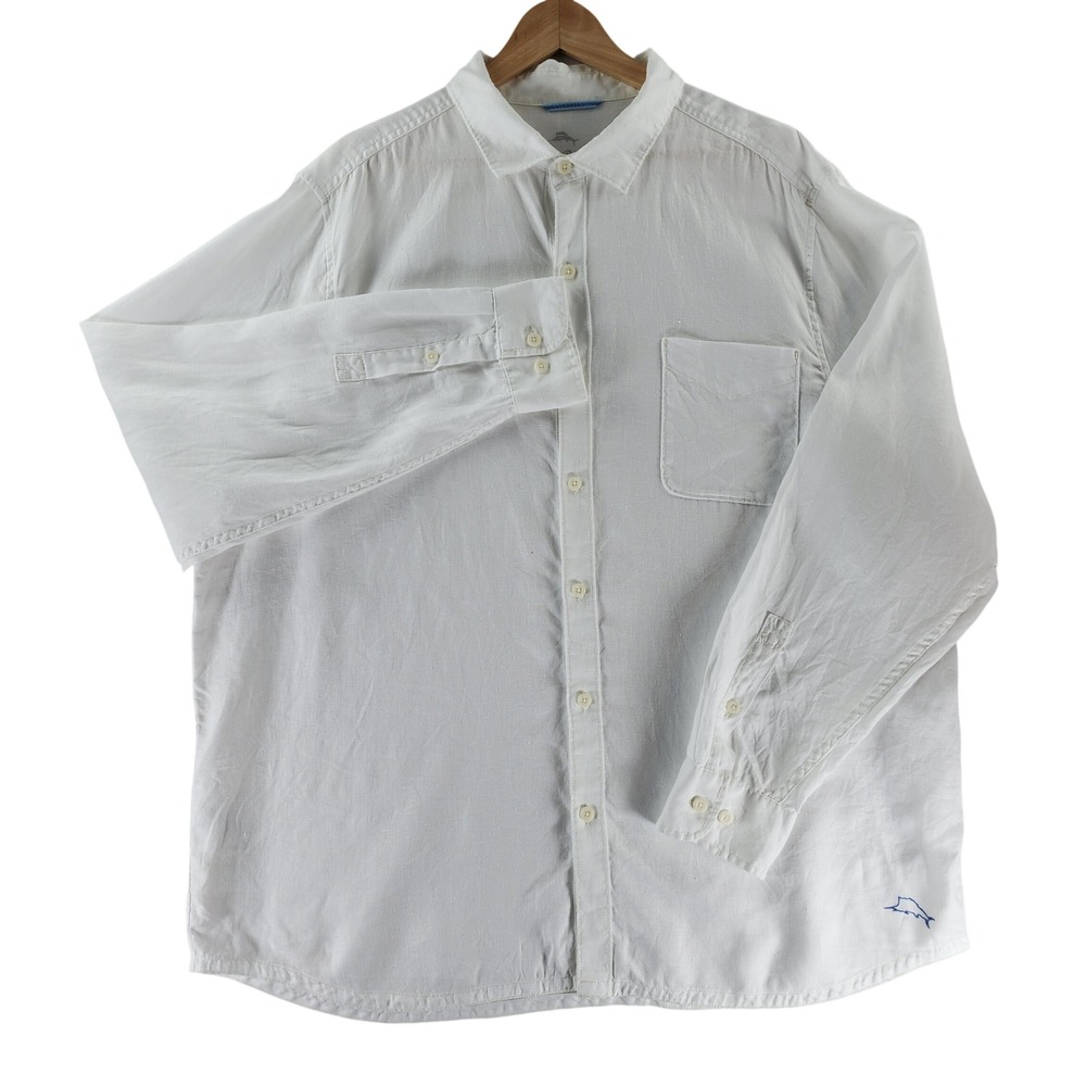 Tommy Bahama Shirt Men XXL White Relaxed Fit Long Sleeve 100% Linen Button Down